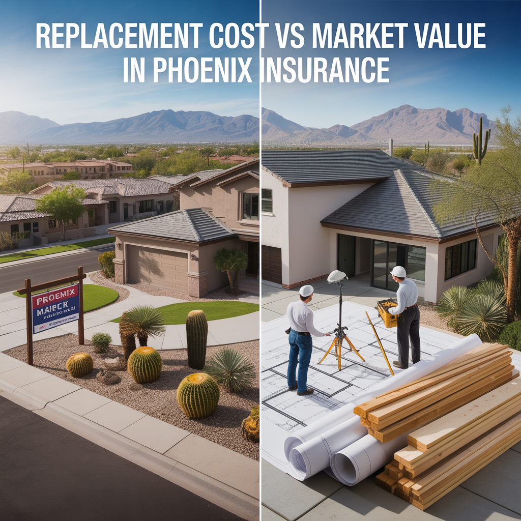 Alt Text Split scene showing a Phoenix home with a real estate sign representing market value and contractors with building materials representing replacement cost for insurance coverage.