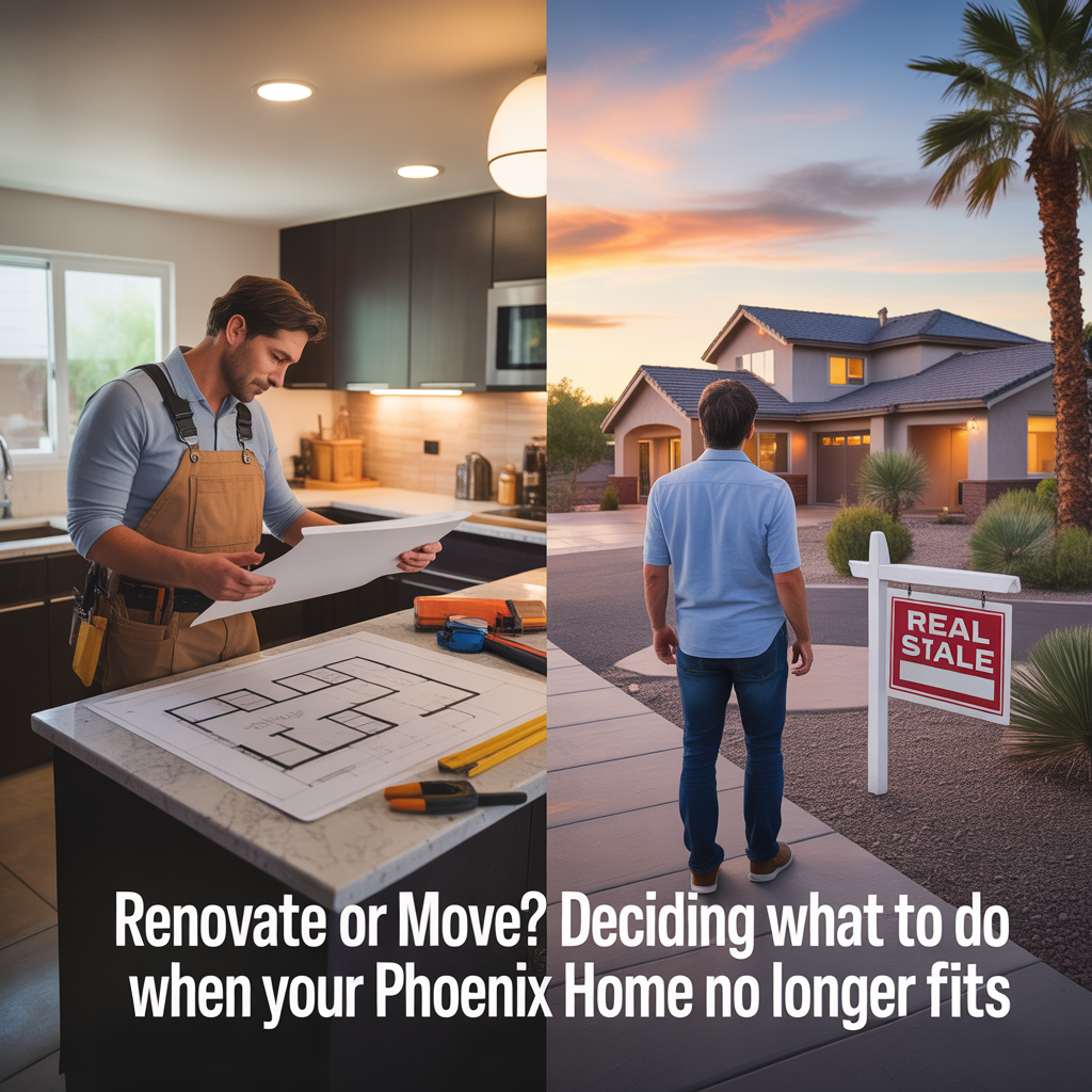 Alt Text Split scene showing a Phoenix homeowner considering renovation plans indoors while also looking at a larger home for sale outside, representing the decision between renovating or moving.