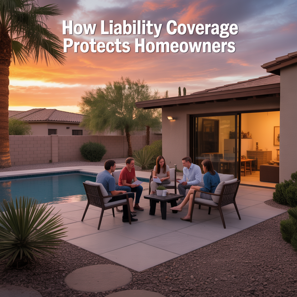 Alt Text Phoenix homeowner reviewing liability insurance paperwork with an agent during a backyard gathering near a pool and shaded patio at sunset.