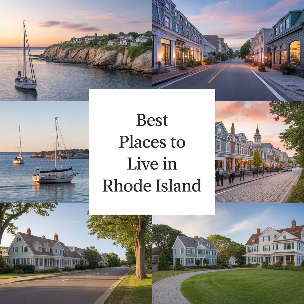 ALT TEXT: Photorealistic collage of Rhode Island lifestyle including Newport coastal homes, Providence city streets, and quiet suburban neighborhoods representing the best places to live for lifestyle, commute, and long-term value.