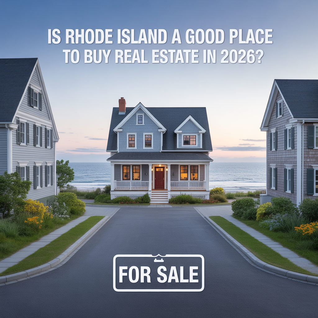 ALT TEXT: Photorealistic image of Rhode Island homes including a coastal property and neighborhood street representing the decision of whether Rhode Island is a good place to buy real estate in 2026.
