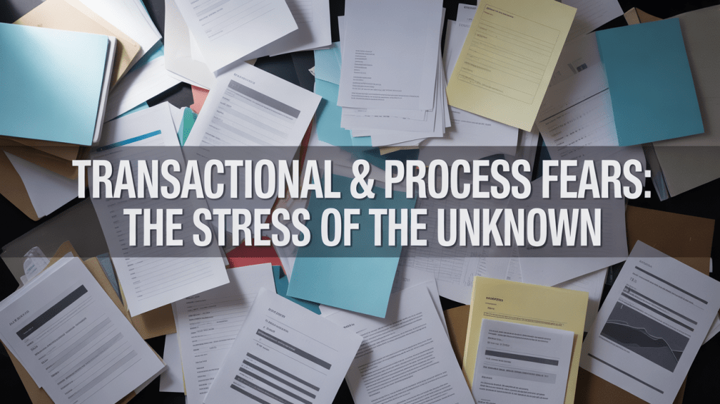 A cluttered desk covered with various documents and folders, displaying a headline that reads 'TRANSACTIONAL & PROCESS FEARS: THE STRESS OF THE UNKNOWN'.