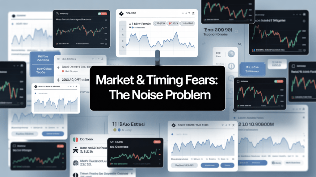 A collage of financial charts and data visualizations featuring various metrics and statistics, with a prominent title in the center that reads 'Market & Timing Fears: The Noise Problem'.