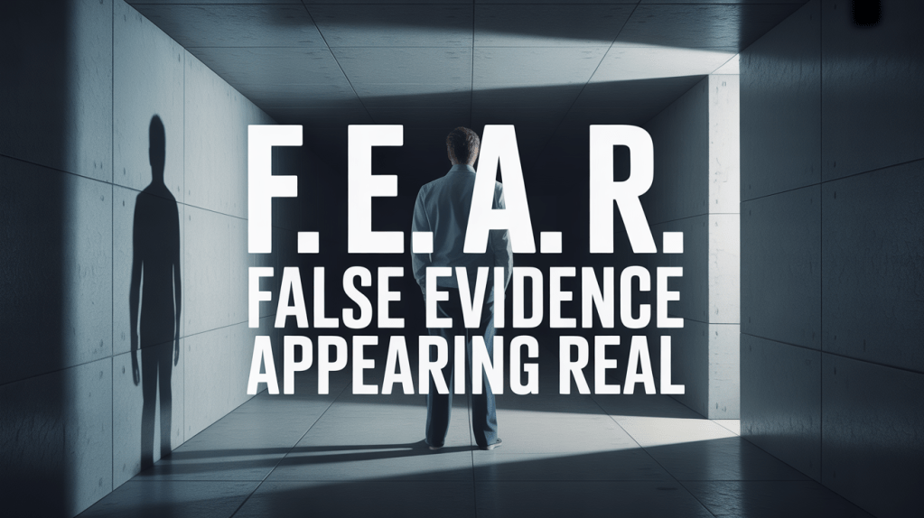 A dimly lit corridor with a person standing at the end, casting a shadow on the wall. The text 'F.E.A.R. - False Evidence Appearing Real' is prominently displayed in bold letters.