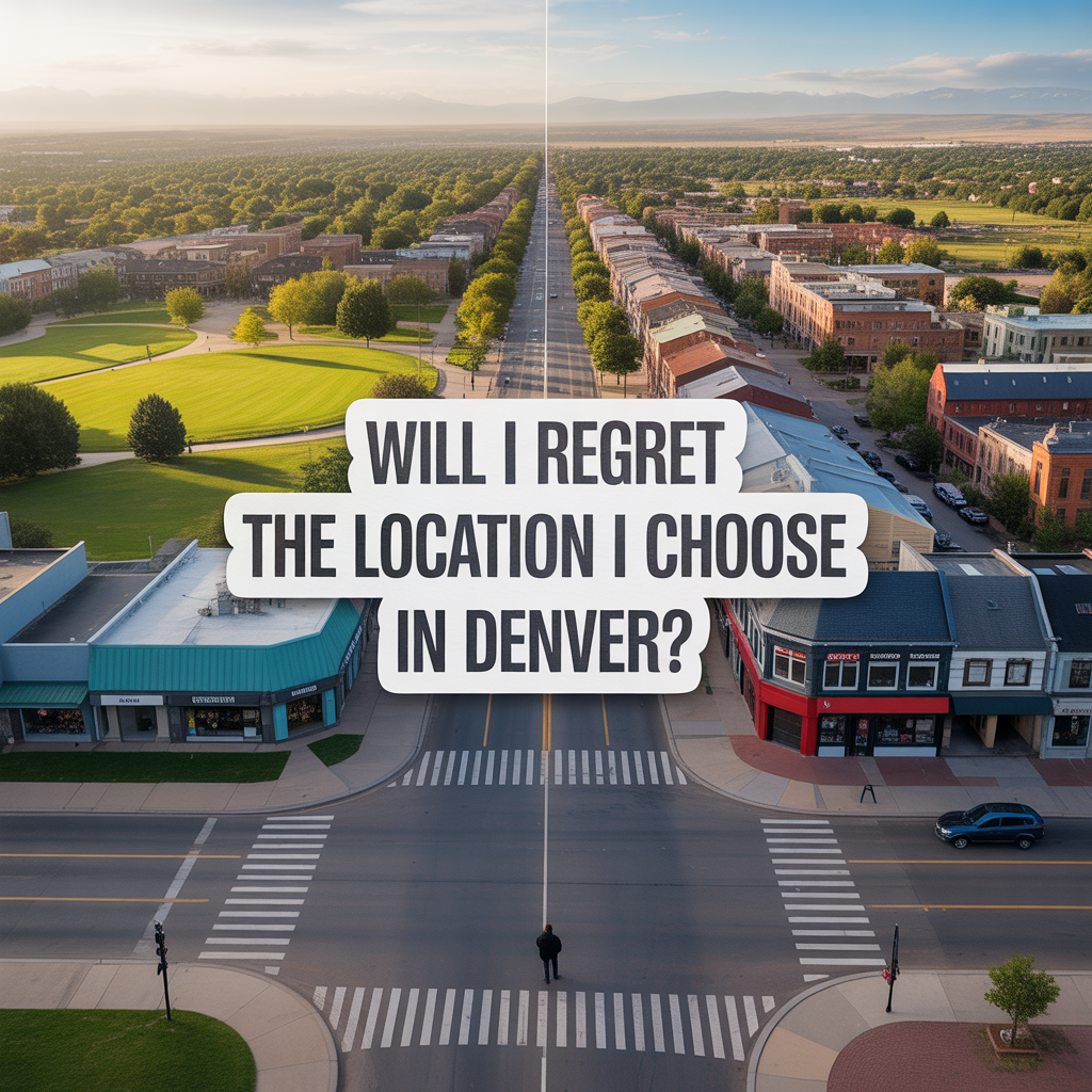 **ALT TEXT** A realistic aerial-style image of a Denver neighborhood showing two contrasting areas, with a person standing at a crossroads, representing uncertainty about choosing the right location to live.