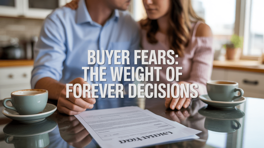 A couple sitting at a kitchen table, looking thoughtfully at a document while coffee cups are placed nearby. Text overlay reads 'Buyer Fears: The Weight of Forever Decisions'.