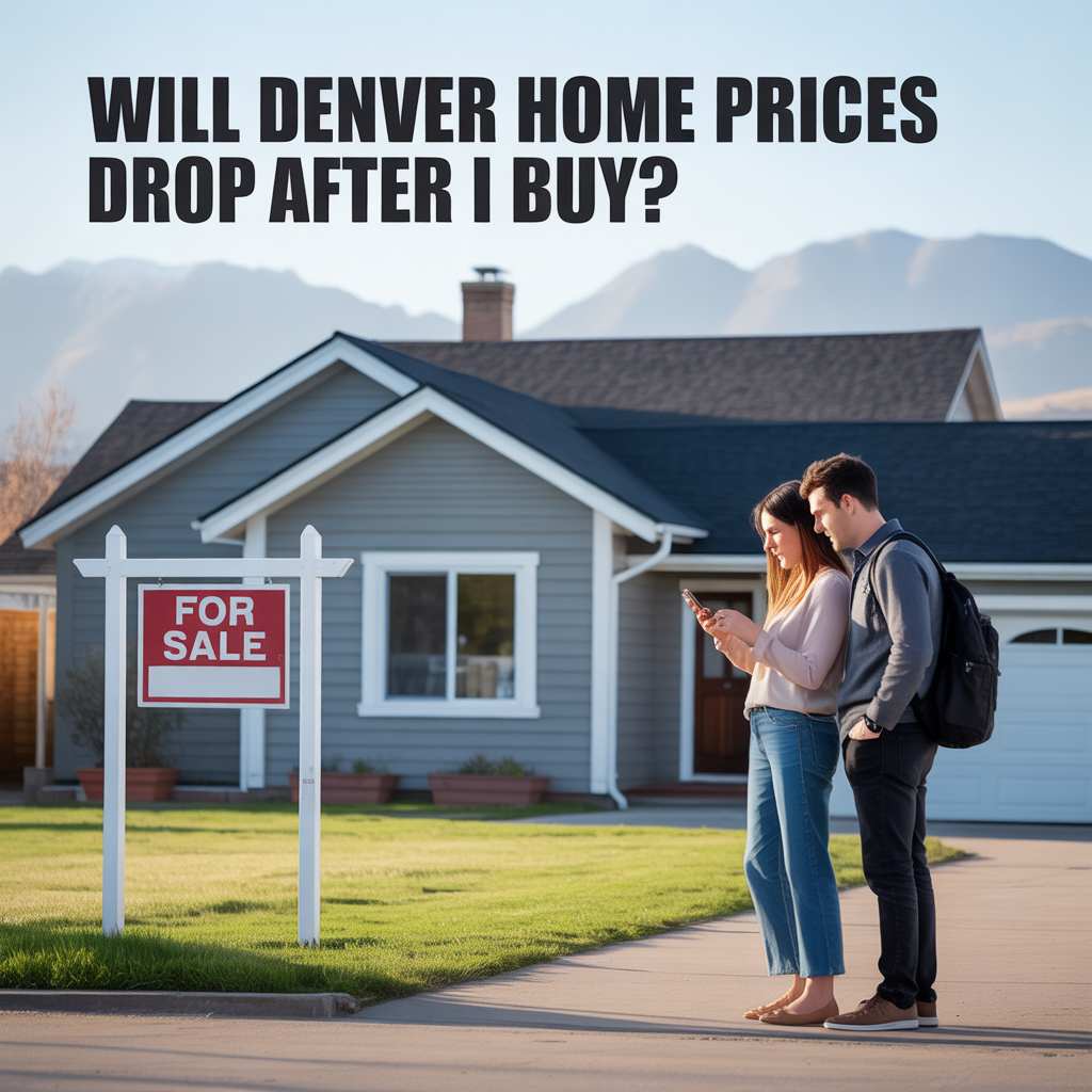 **ALT TEXT** A realistic image of a couple standing outside a Denver home with a for sale sign, looking at the property while checking market information on a phone, representing uncertainty about home prices.