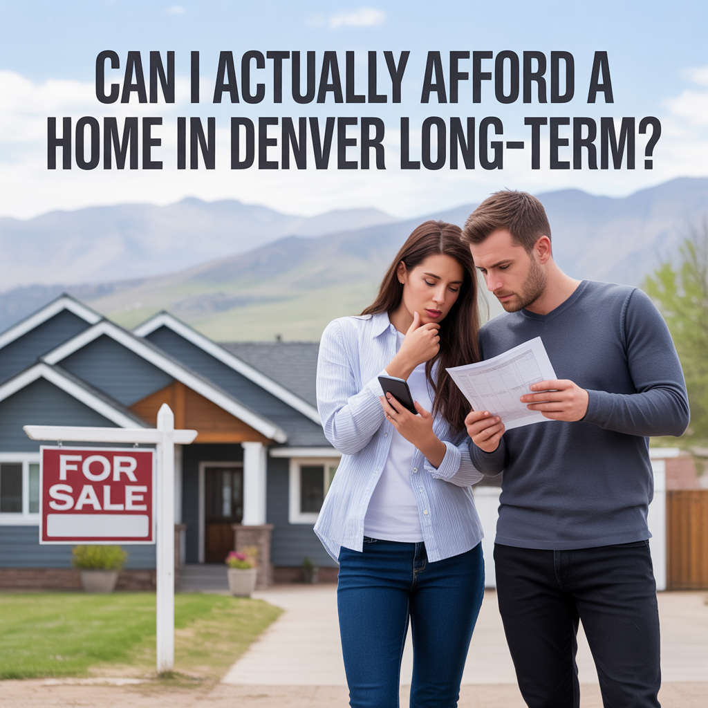 **ALT TEXT** A realistic image of a couple outside a Denver home with a for sale sign, reviewing budget numbers and looking thoughtful, representing long-term affordability concerns when buying a home.