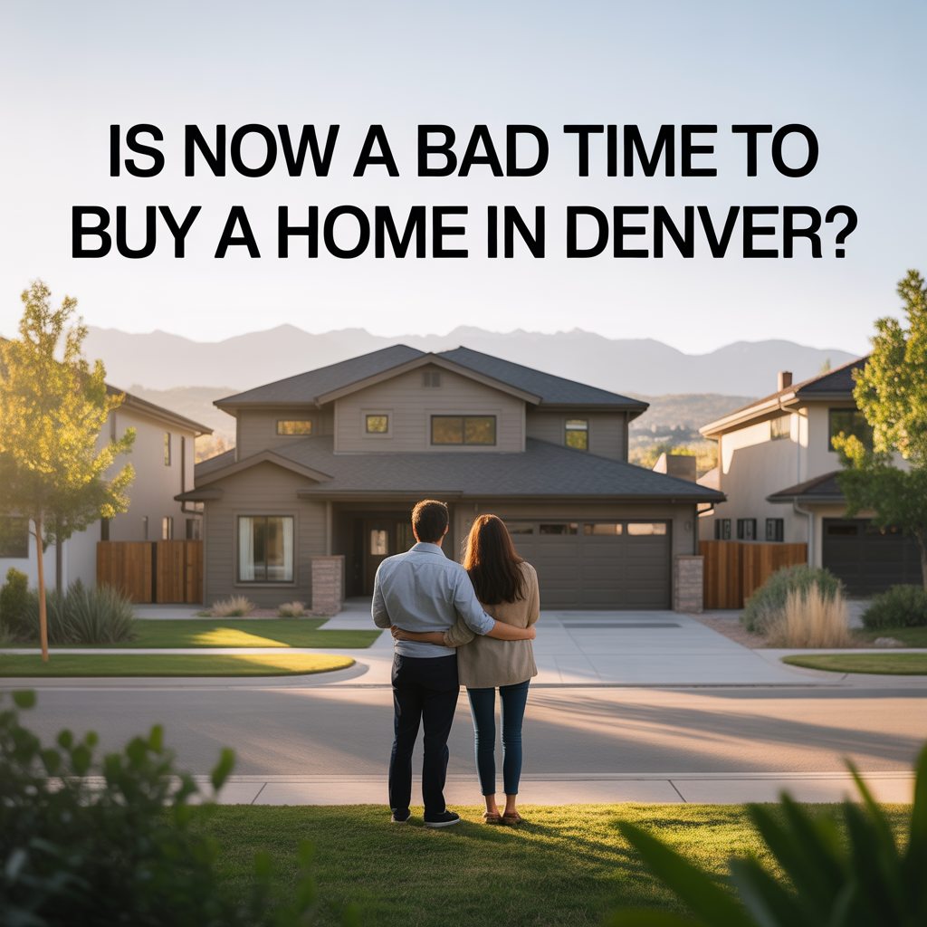 **ALT TEXT** A realistic image of a couple standing outside a modern home in Denver during golden hour, looking thoughtful and slightly uncertain as they consider buying, with soft mountain views in the background and warm natural lighting representing real estate decision-making in an uncertain market.
