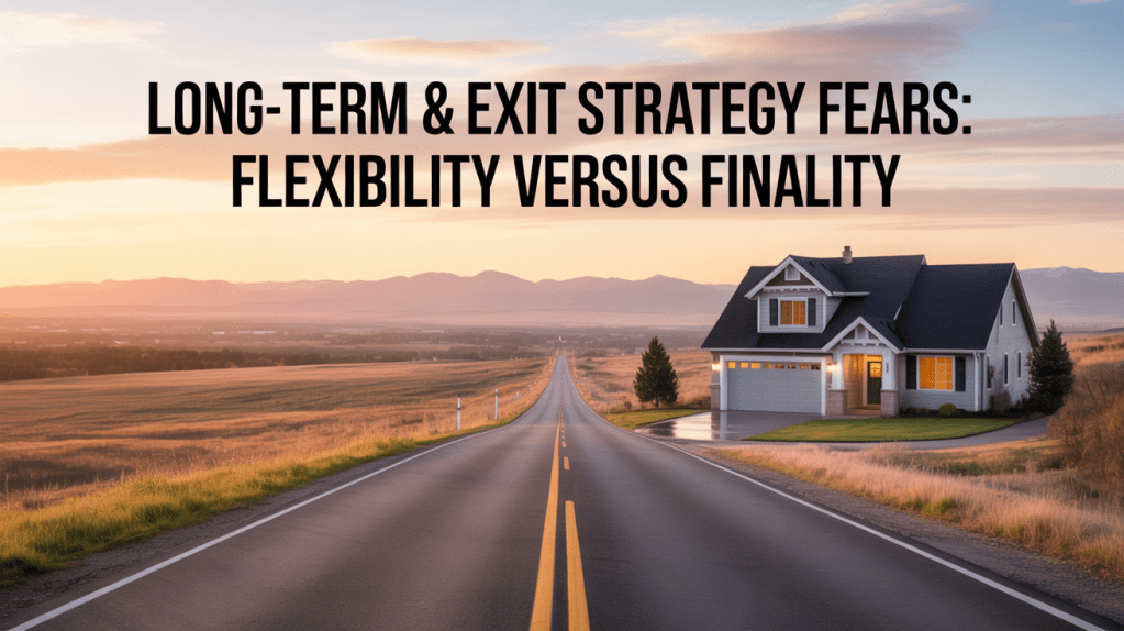 A scenic view featuring a winding road leading toward a house in a rural landscape, with a sunset sky and mountains in the background. The text overlay reads 'LONG-TERM & EXIT STRATEGY FEARS: FLEXIBILITY VERSUS FINALITY'.
