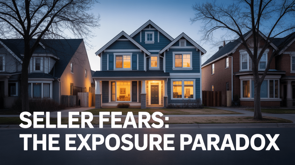 A well-lit blue house at dusk, flanked by two neighboring houses, with the text 'Seller Fears: The Exposure Paradox' overlaying the image.
