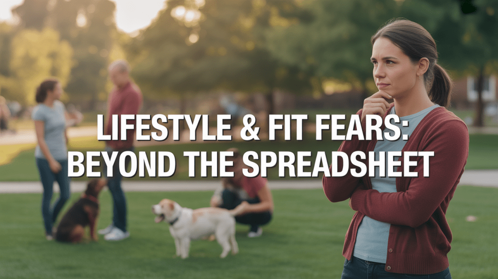 A woman in a park looks contemplative while others engage with dogs and socialize in the background. The text overlay reads 'LIFESTYLE & FIT FEARS: BEYOND THE SPREADSHEET'.