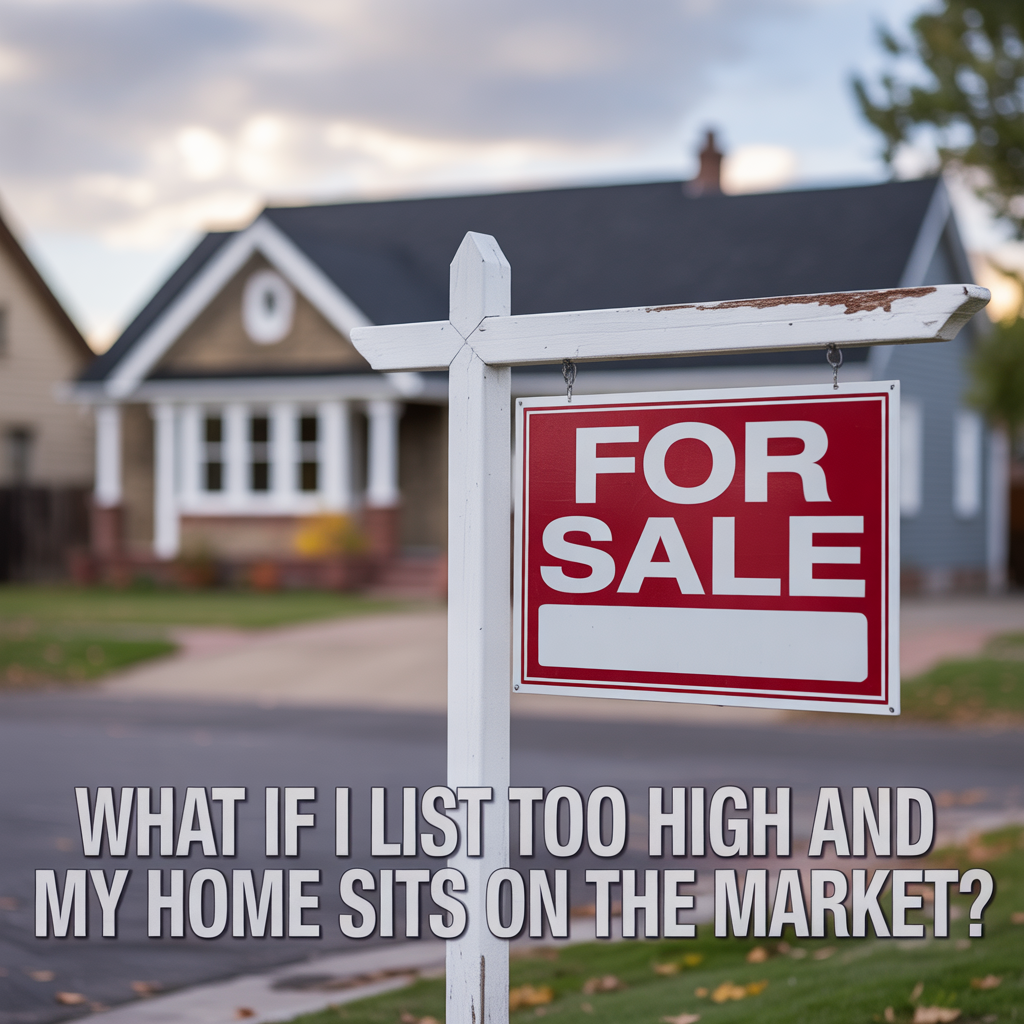 **ALT TEXT** A realistic image of a Denver home with a worn for sale sign and no activity around it, representing a listing that has been sitting on the market too long due to pricing too high.