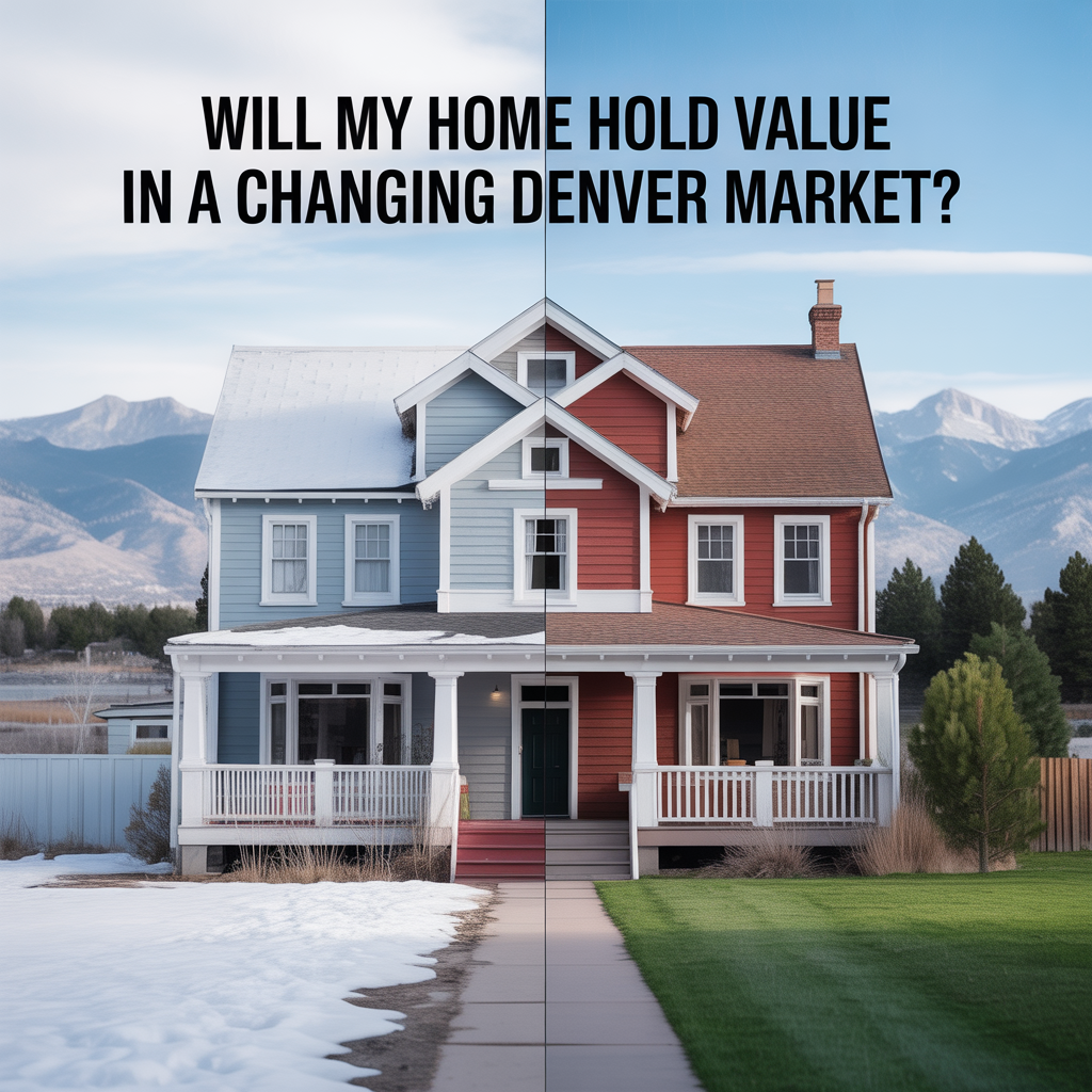 **ALT TEXT** A realistic split-scene image of a Denver home shown in two contrasting conditions, one dull and uncertain and the other bright and well-maintained, representing long-term home value over time.