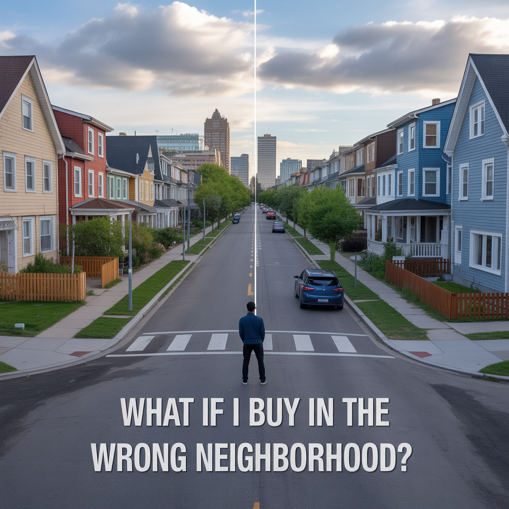 **ALT TEXT** A realistic image of a person standing between two contrasting Denver neighborhoods, one lively and well-maintained and the other quieter and less active, representing uncertainty about choosing the right place to live.