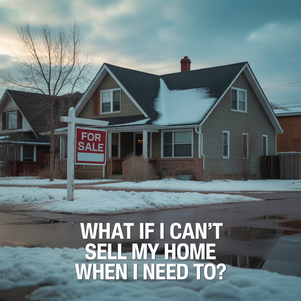 **ALT TEXT** A realistic winter image of a Denver home with a for sale sign covered in snow and no visible activity, representing concern about not being able to sell a home when needed.