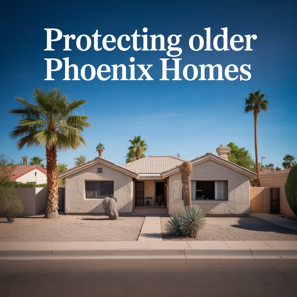 Alt Text: Photorealistic older Phoenix Arizona stucco ranch-style home with mature desert landscaping and visible aging details representing maintenance and protection of older homes.