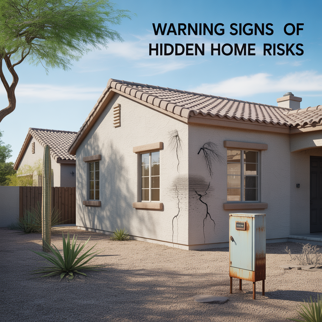 Alt Text: Photorealistic Phoenix Arizona stucco home with subtle warning signs like roof tile damage, small foundation crack, and water stains representing hidden risks homeowners may overlook.