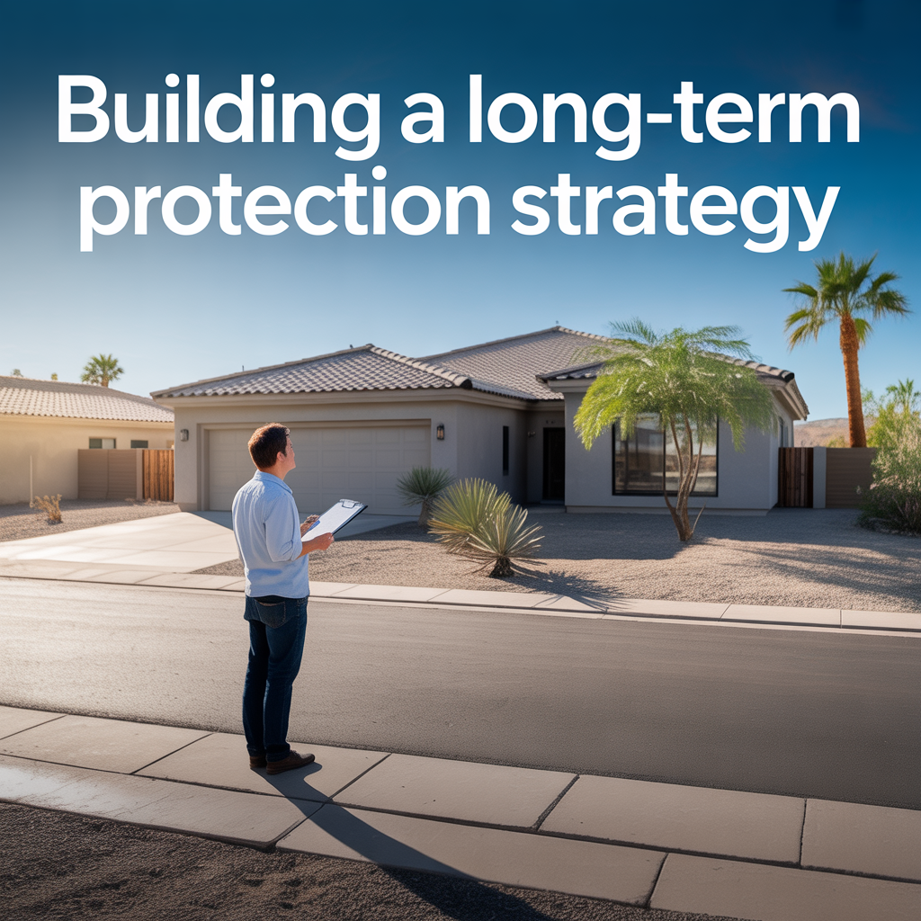 Alt Text: Photorealistic Phoenix Arizona homeowner standing in the driveway holding a clipboard while looking at a stucco home, representing a long-term strategy to protect and maintain the property.