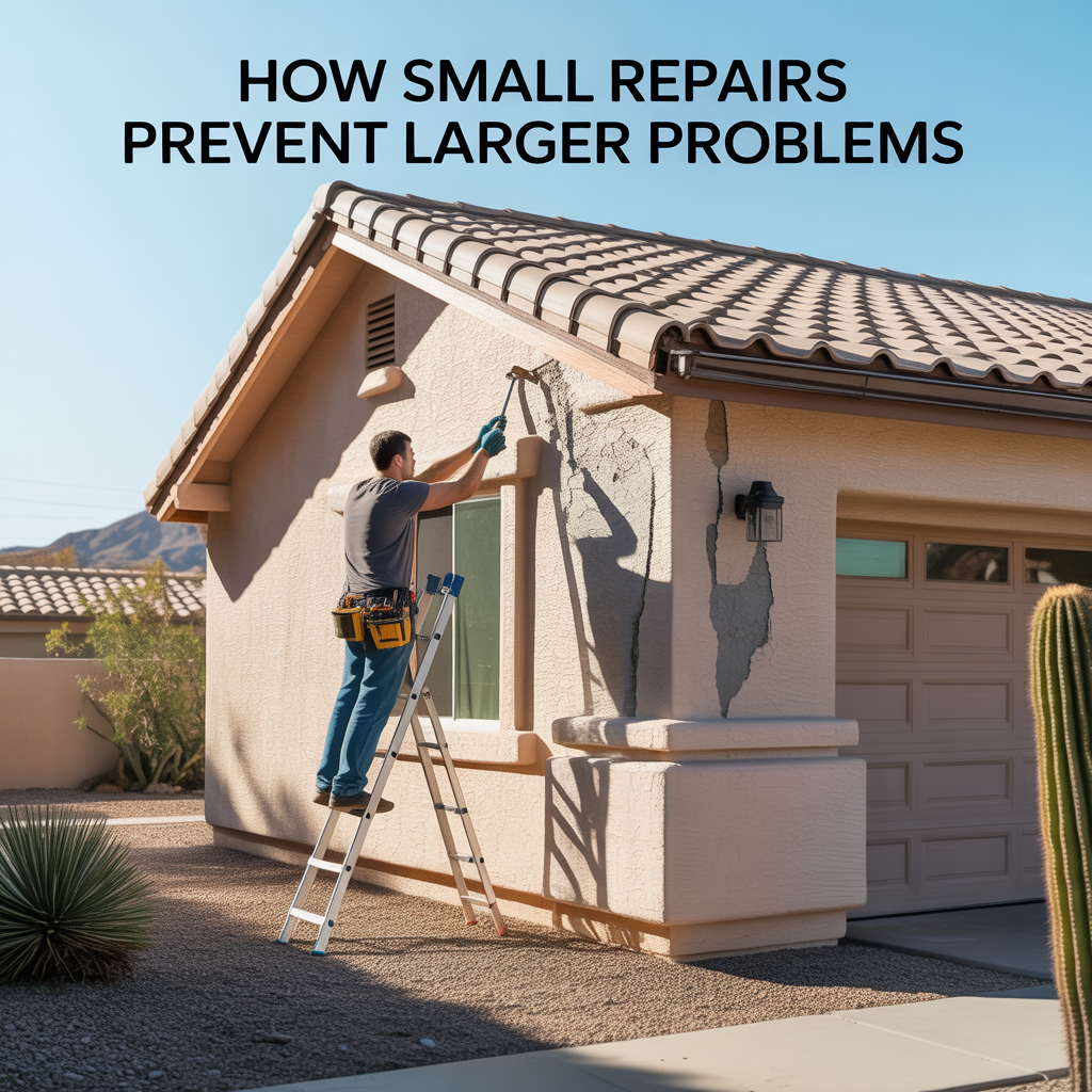 Alt Text: Photorealistic Phoenix Arizona homeowner repairing a small roof tile on a stucco home, illustrating how minor home maintenance prevents larger repair problems.