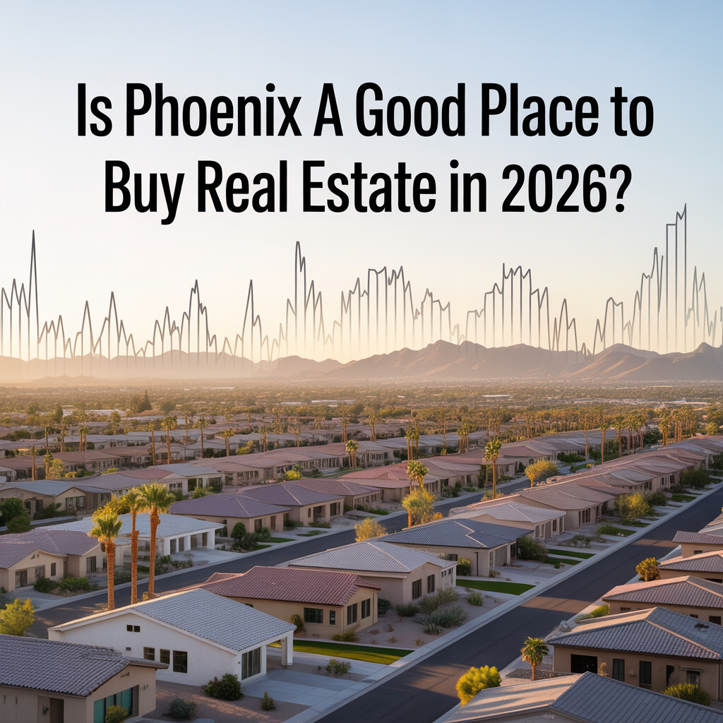 Photorealistic aerial view of Phoenix neighborhoods at sunset with subtle growth chart graphics representing real estate investment potential in 2026.