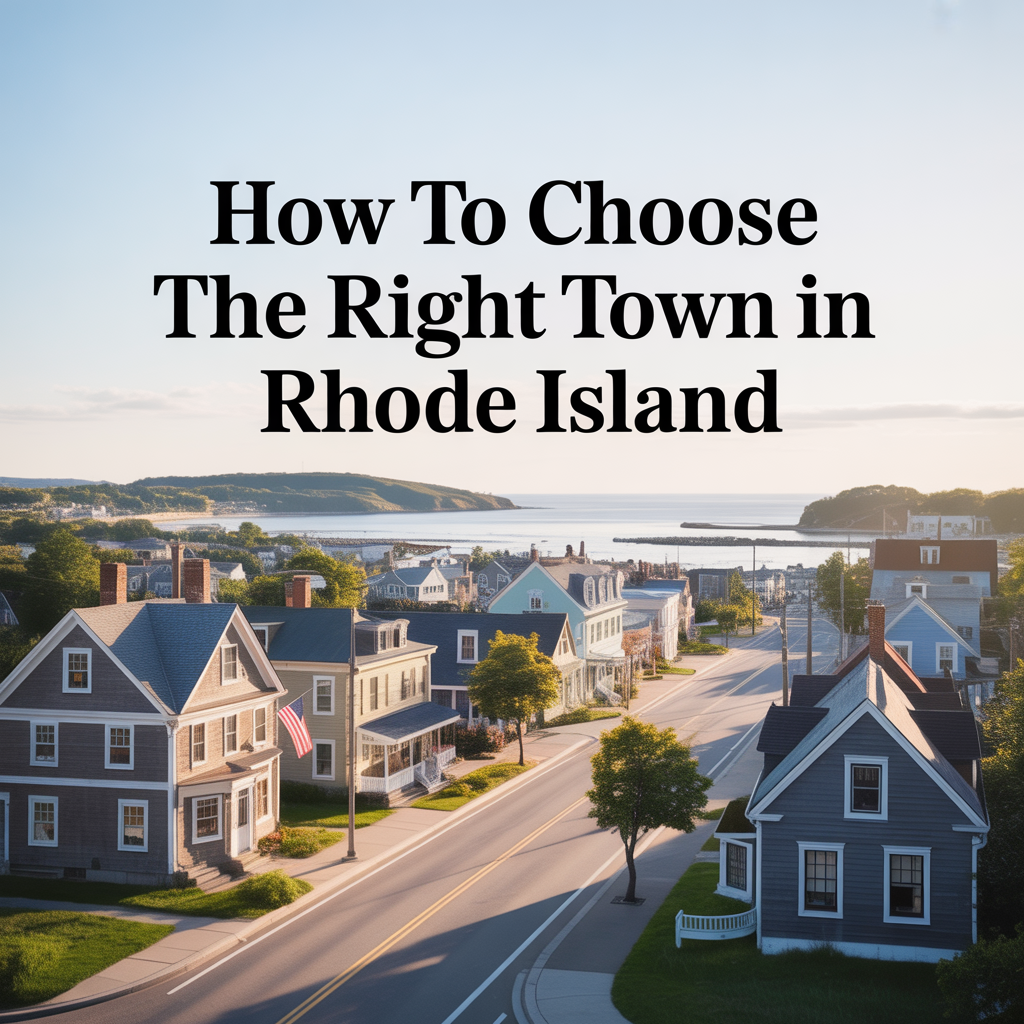 Photorealistic image of a charming Rhode Island coastal town with New England-style homes, tree-lined streets, and a small downtown area, featuring the title "How to Choose the Right Town in Rhode Island"