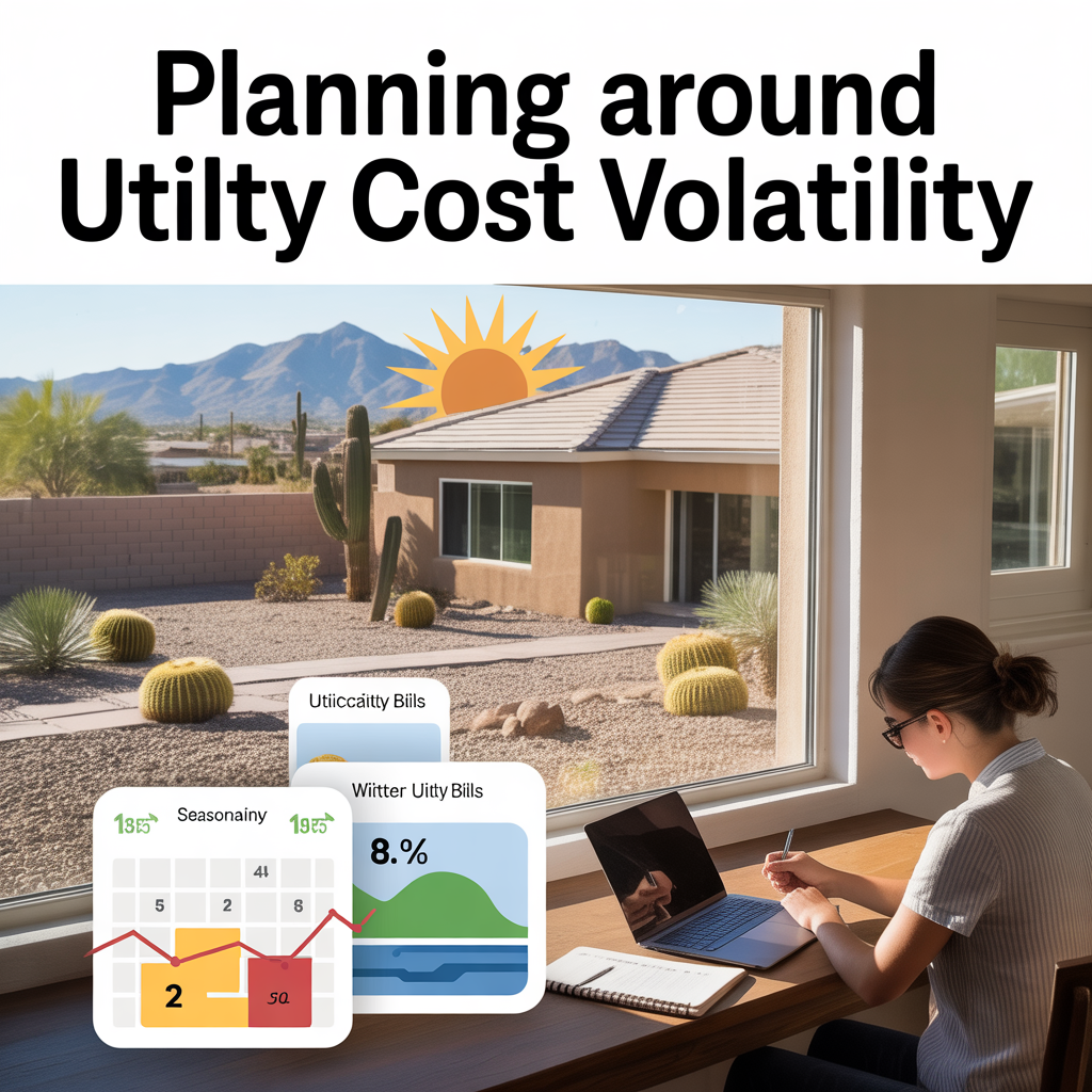 Phoenix Arizona homeowner planning finances while reviewing seasonal utility bills showing high summer electricity costs and varying water usage, illustrating utility cost volatility in desert climates.