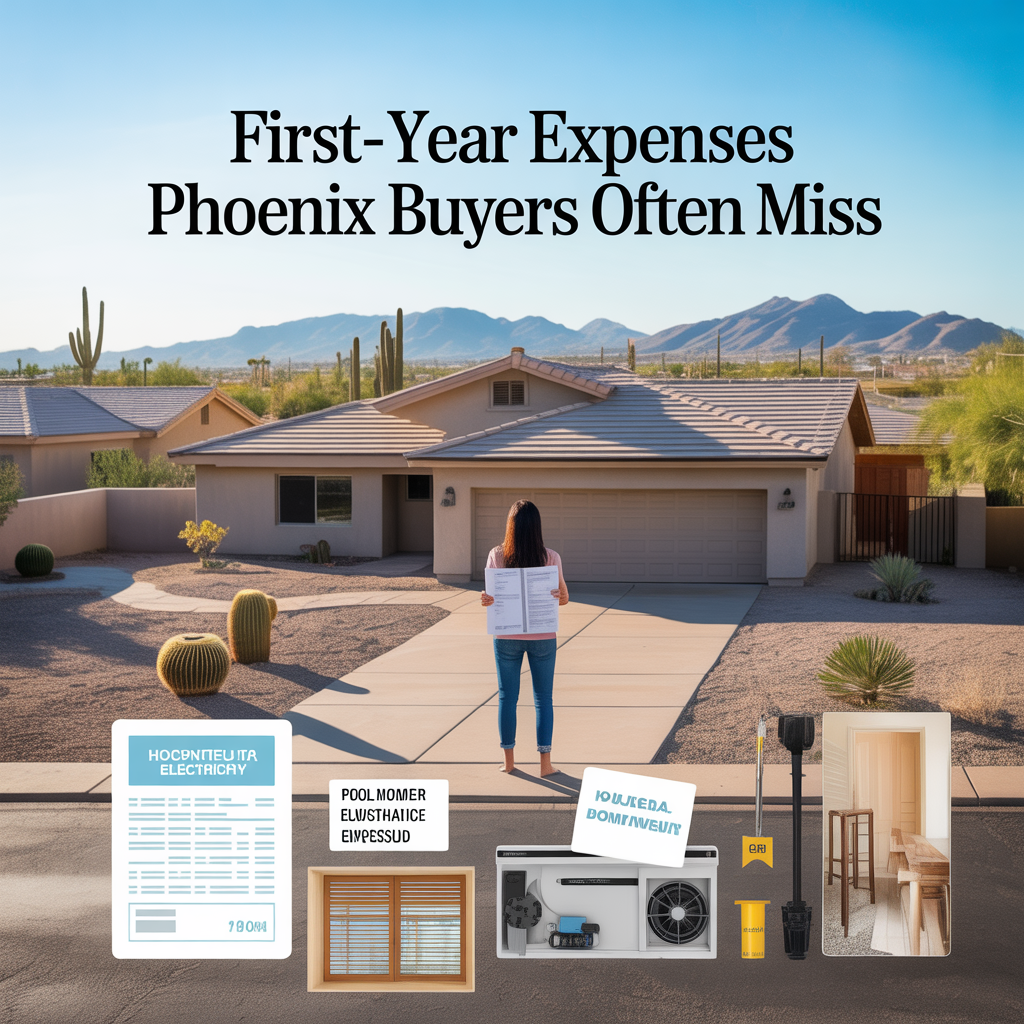Illustration of a Phoenix Arizona home with desert landscaping and mountains in the background while a homeowner reviews unexpected first-year housing expenses such as AC repairs, electricity bills, HOA dues, pool service, furniture, and landscaping upgrades.