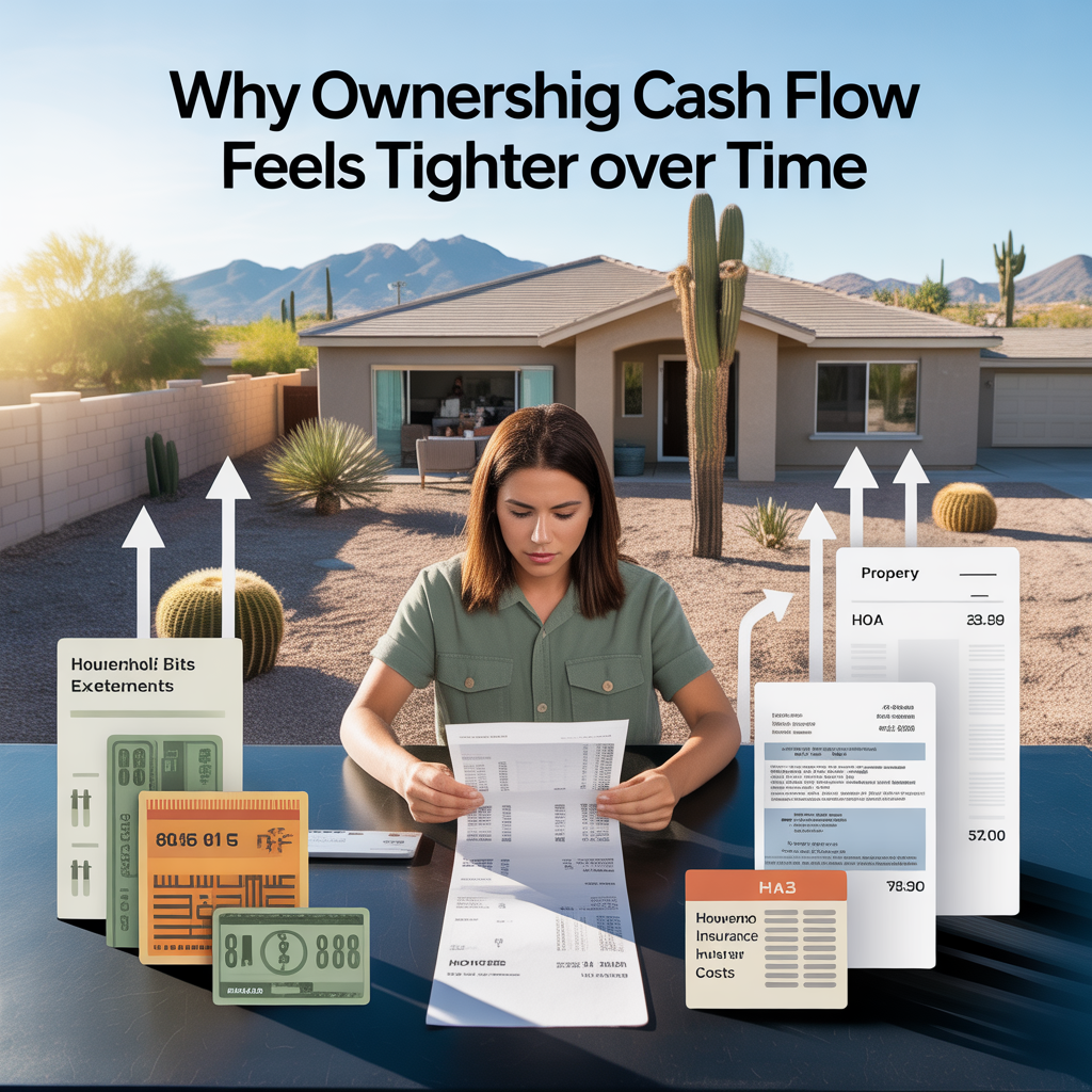 Phoenix Arizona homeowner reviewing bills at a table while housing costs like electricity, property taxes, insurance, HOA dues, and maintenance rise over time, illustrating how homeownership cash flow can feel tighter each year.
