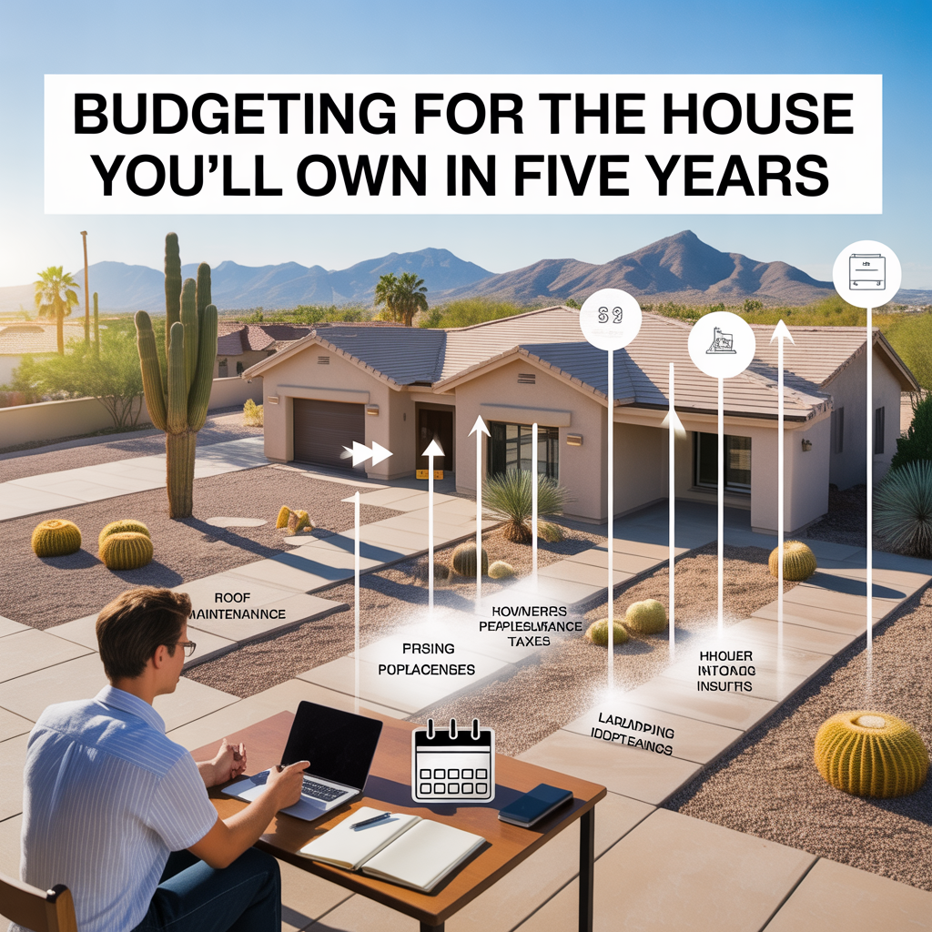 Phoenix Arizona homeowner planning finances at a table while a timeline shows future homeownership costs such as HVAC replacement, roof maintenance, property taxes, insurance, and landscaping over the next five years.