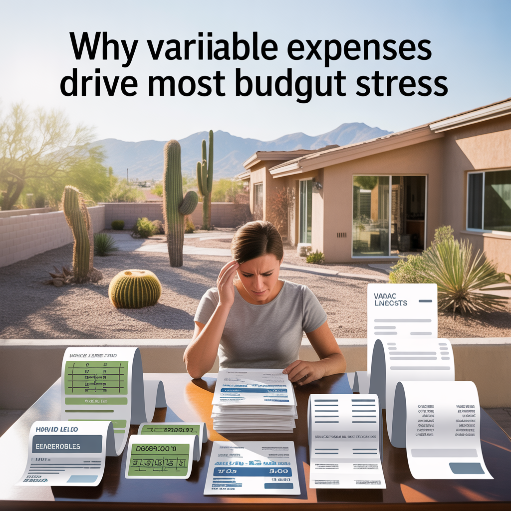 Phoenix Arizona homeowner reviewing fluctuating monthly bills such as electricity, water, and home repair costs, illustrating how variable housing expenses create the most budget stress.