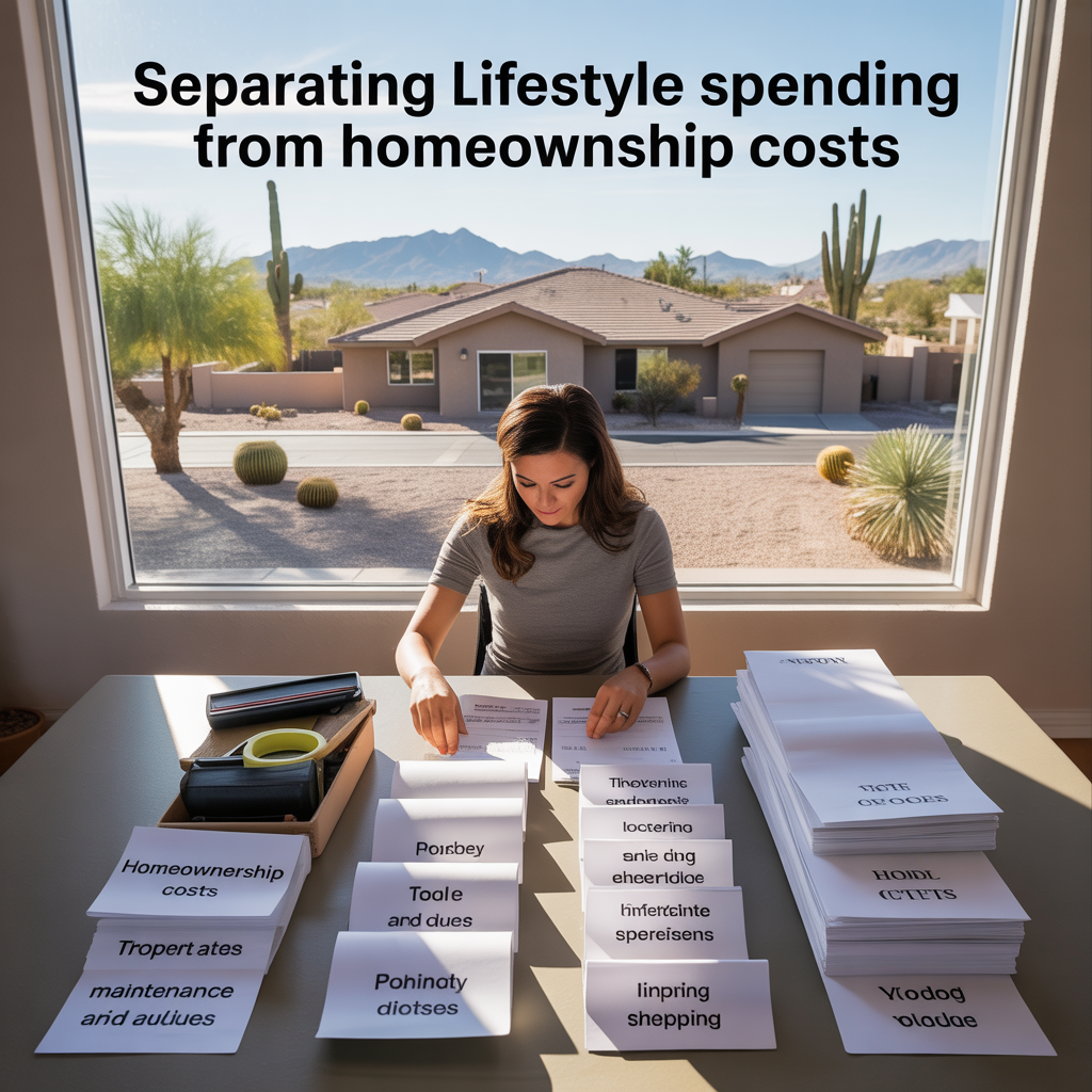 Phoenix Arizona homeowner organizing bills into two categories&mdash;homeownership costs like taxes, insurance, and maintenance, and lifestyle spending such as dining and entertainment&mdash;to illustrate budgeting clarity.