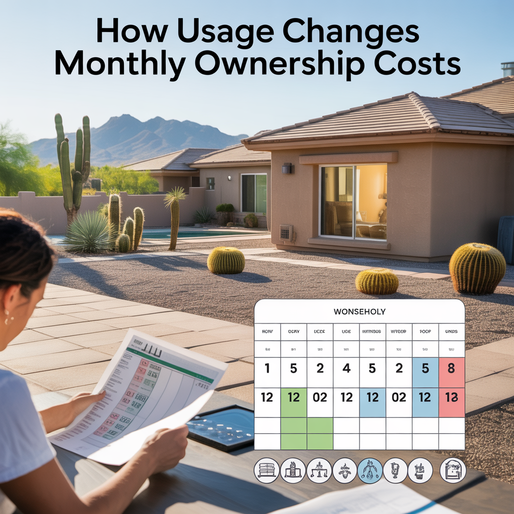 Phoenix Arizona homeowner reviewing monthly household bills while a calendar shows seasonal cost changes such as high summer electricity for air conditioning, water for landscaping, and pool maintenance expenses.