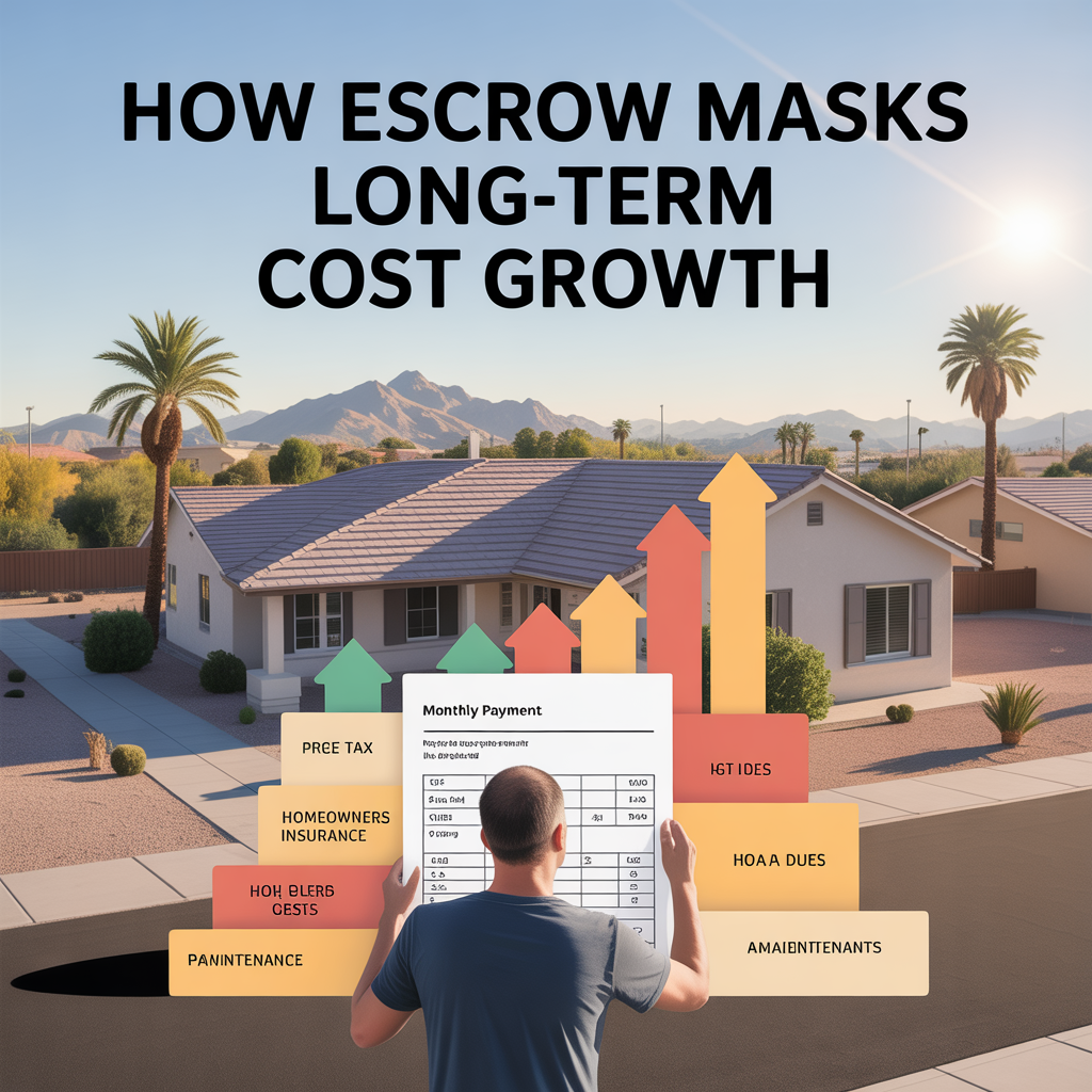 Phoenix Arizona home with desert landscaping where a homeowner reviews a mortgage statement while property taxes, insurance, and HOA costs rise over time, illustrating how escrow payments can hide long-term housing cost increases.