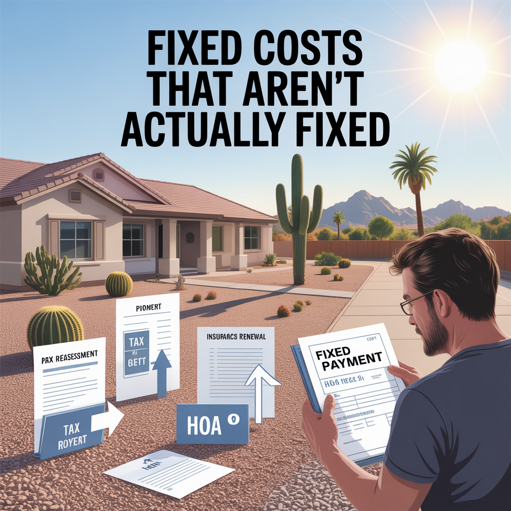 Phoenix Arizona homeowner reviewing a mortgage statement while property taxes, insurance premiums, HOA dues, and utilities increase over time, illustrating how fixed housing costs can still rise.