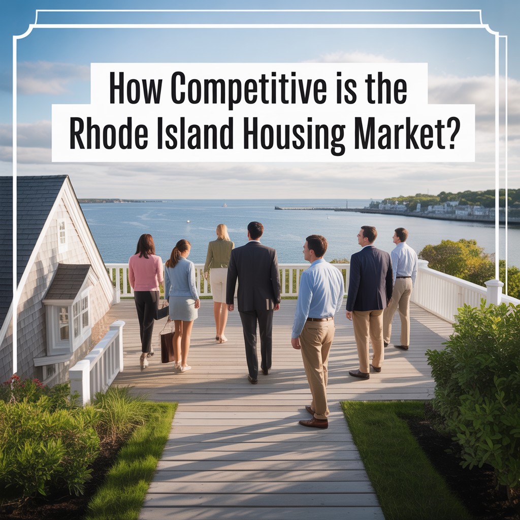 Multiple buyers touring a coastal Rhode Island home with a real estate agent, representing competition in the housing market