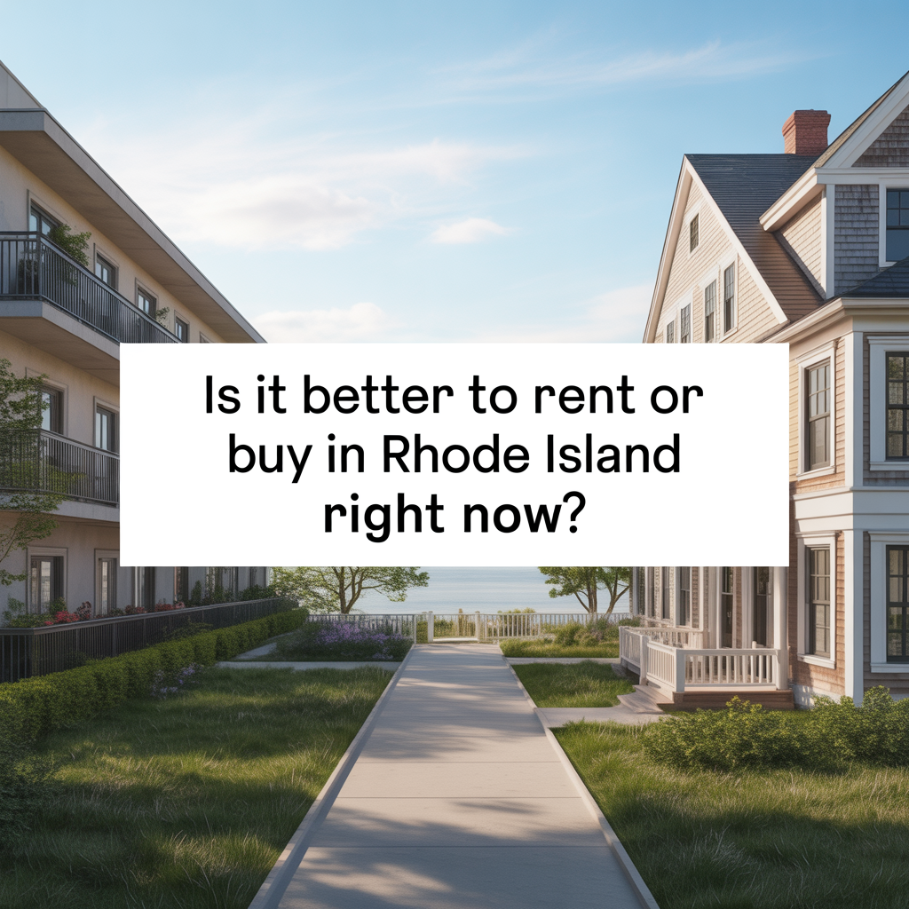 Split-scene Rhode Island image showing an apartment building and a coastal home to represent the decision between renting and buying right now
