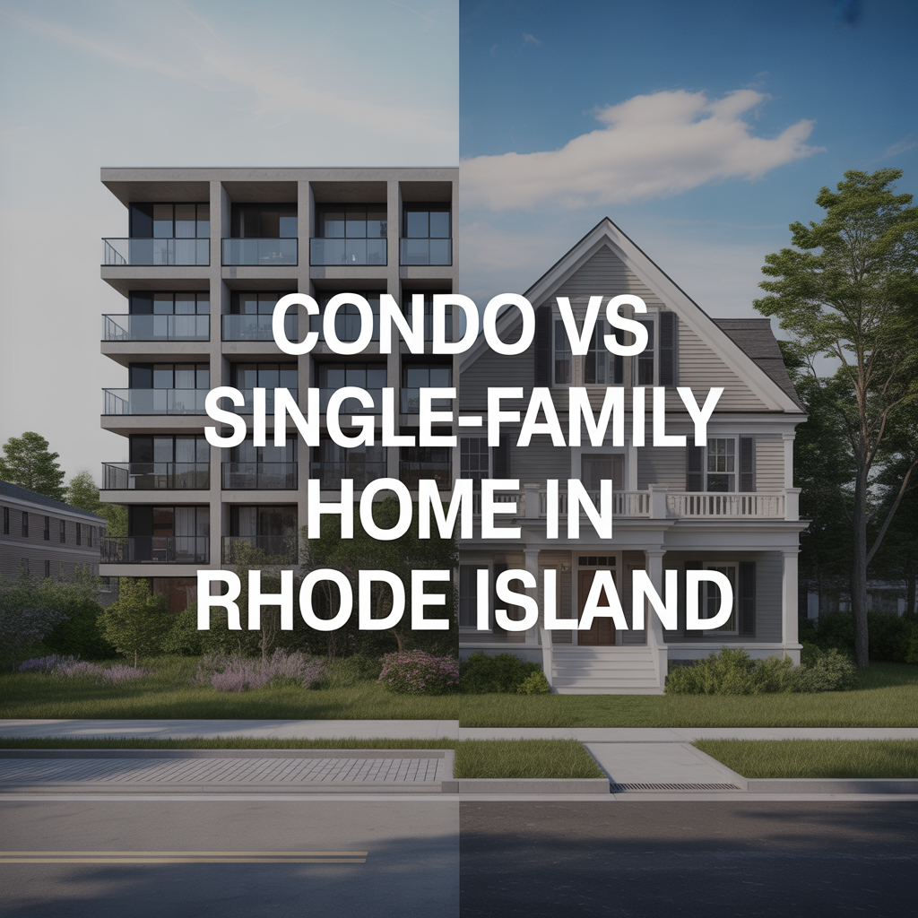 Photorealistic split image comparing a modern Rhode Island condo building with a traditional single-family home featuring a yard and driveway, including the title "Condo vs Single-Family Home in Rhode Island"