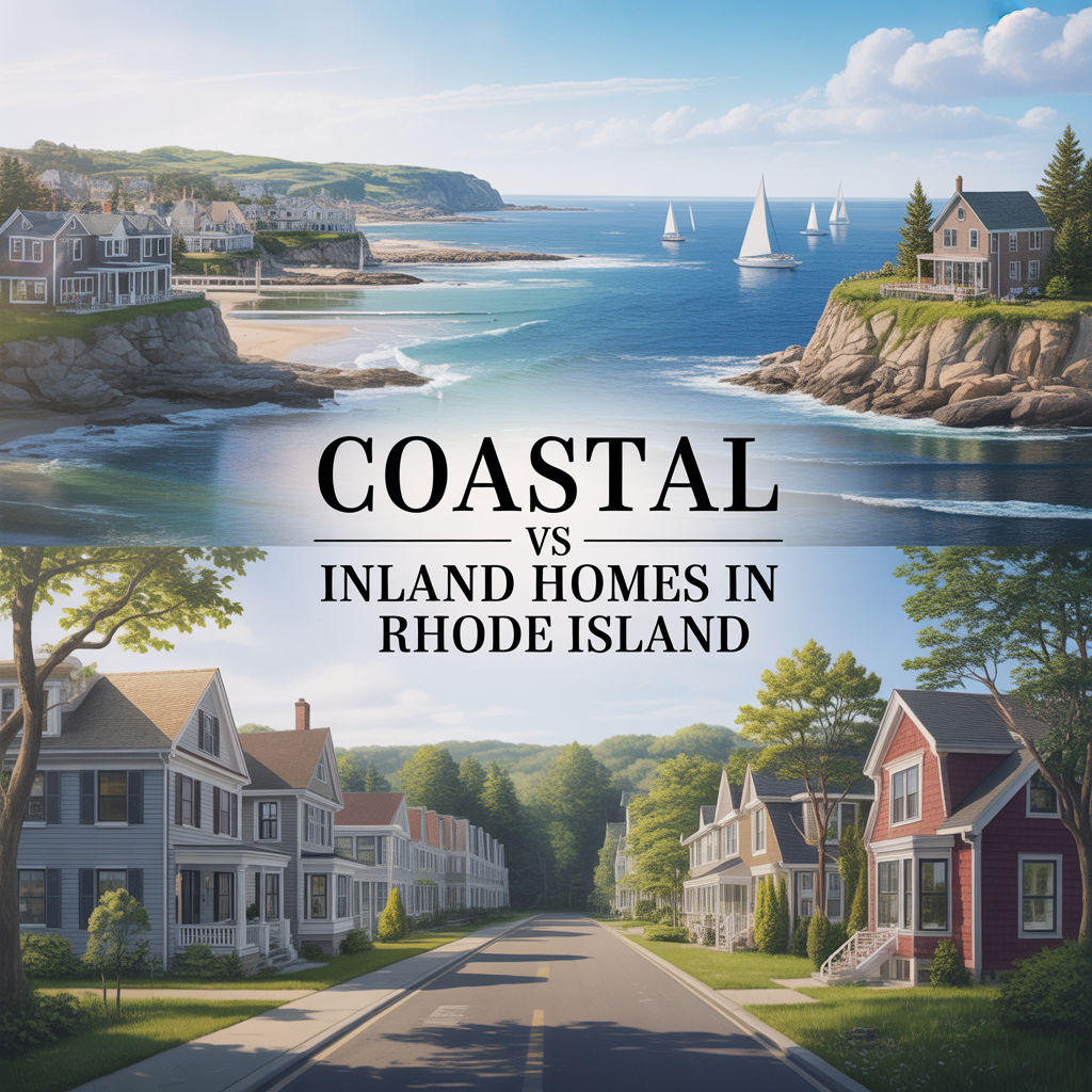 Photorealistic split image comparing Rhode Island coastal homes with ocean views and inland suburban homes with tree-lined streets, featuring the title "Coastal vs Inland Homes in Rhode Island"
