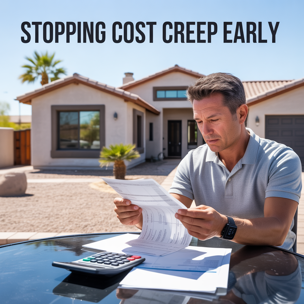 Photorealistic Phoenix homeowner reviewing bills and a calculator outside a desert-style house, representing controlling rising homeownership costs early.