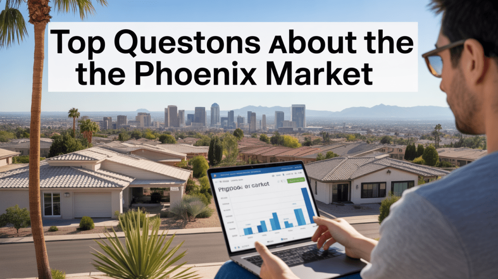 Photorealistic Phoenix neighborhood with a homeowner reviewing housing market data on a laptop, representing common questions about the Phoenix real estate market.