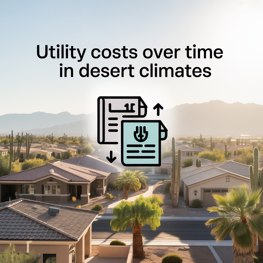 Photorealistic Phoenix neighborhood with desert homes and visual elements representing rising utility costs in hot desert climates.