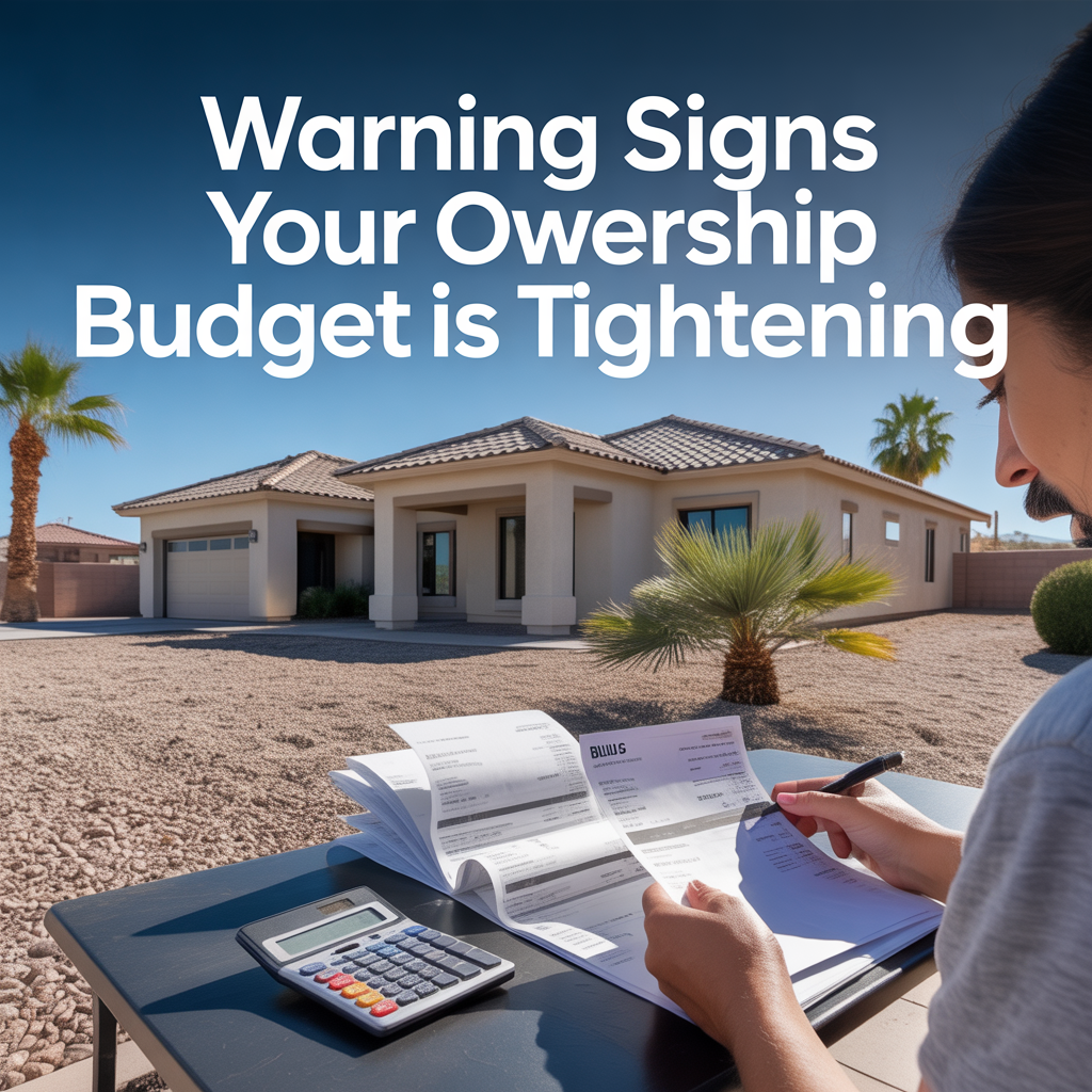 Photorealistic Phoenix homeowner reviewing bills and a calculator outside a desert-style house, representing tightening homeownership budgets.