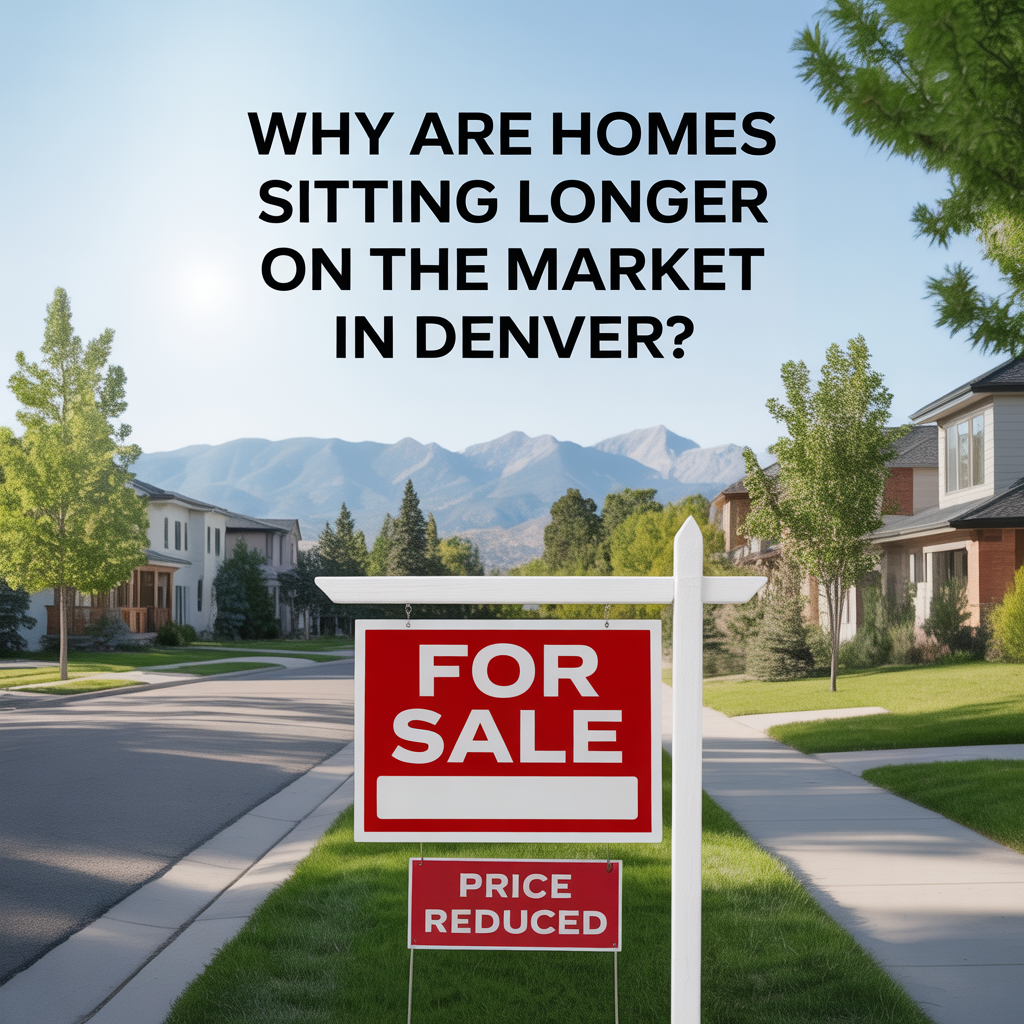 Photorealistic Denver neighborhood with a home for sale and a price reduced sign, representing homes taking longer to sell in the Denver housing market.