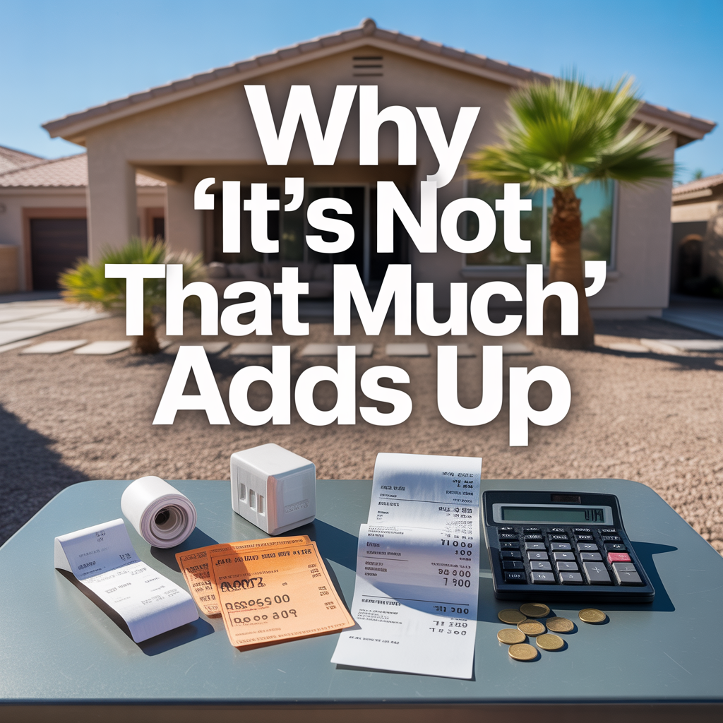 Photorealistic Phoenix homeowner patio table with receipts, bills, and coins representing how small home expenses add up over time.