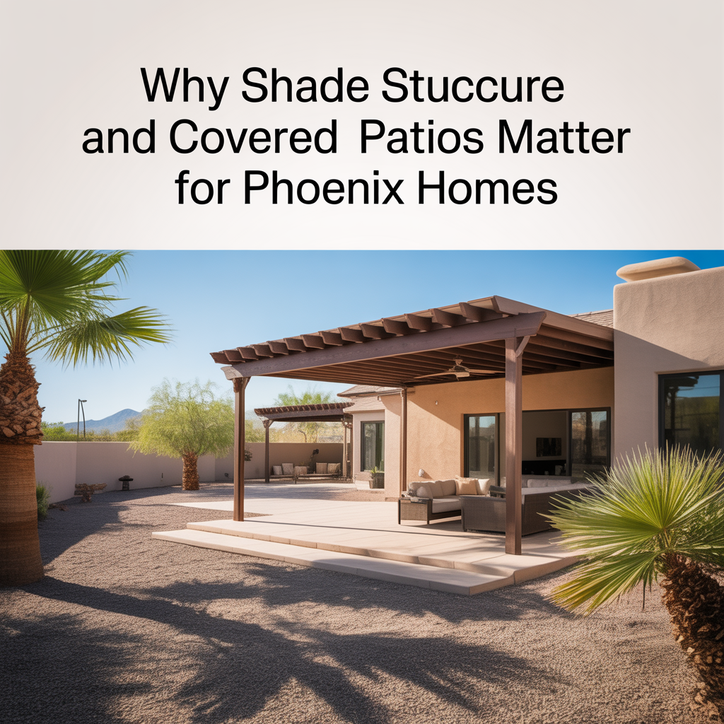 Photorealistic Phoenix backyard with a covered patio and pergola providing shade, illustrating the importance of outdoor shade structures for desert homes.