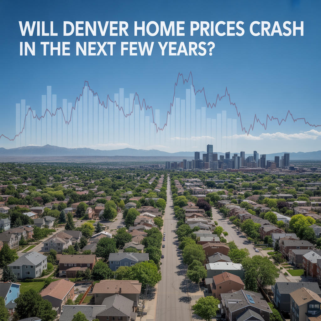 Photorealistic aerial view of Denver neighborhoods with skyline and mountains, representing uncertainty about whether Denver home prices could fall in the coming years.