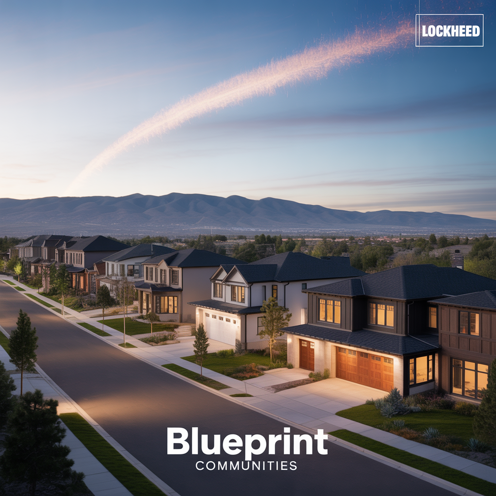 A picturesque suburban neighborhood at dusk featuring modern houses lined along a well-maintained street, with mountains in the background and a streak of light in the sky. The logo of Blueprint Communities and Lockheed is displayed prominently.